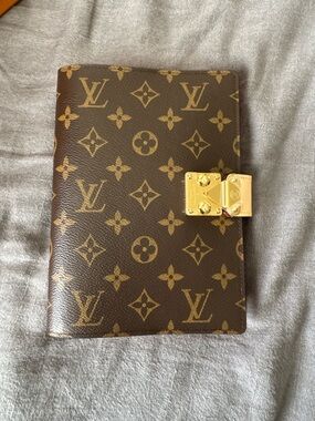 Louis Vuitton Monogram Notebook Cover in Brown and Tan with Gold Lock